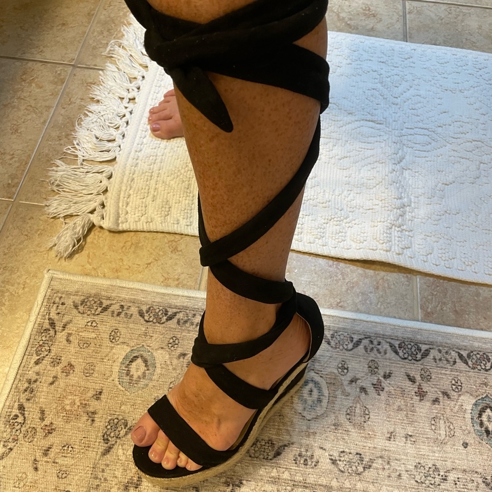 Lace up suede wedge sandals